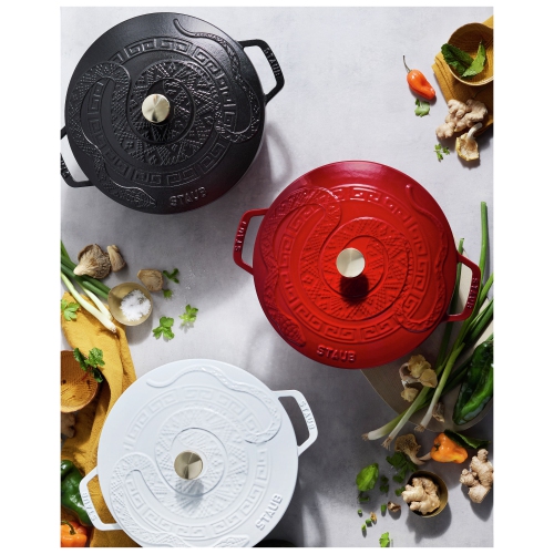 STAUB La Cocotte 4.8 L Cast Iron Round Essential French Oven With Snake Lid, Cherry