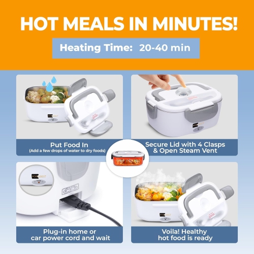 FORABEST Electric Lunch Box Food Warmer 80W – 1.5L Stainless Steel Heated Lunch Box for Men & Women, 12V/24V for Car & Truck, Universal 110V/220V for