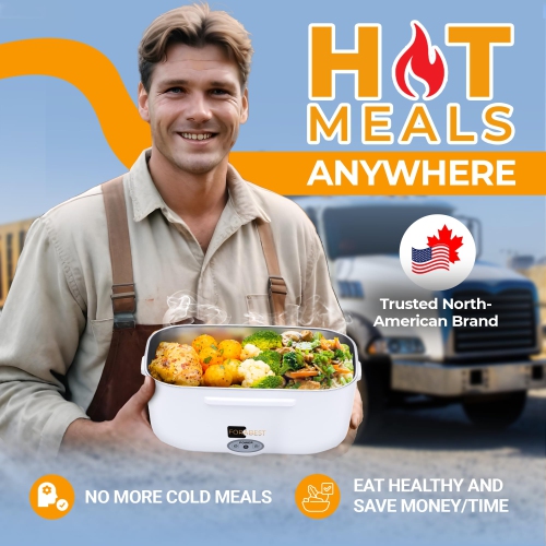 FORABEST Electric Lunch Box Food Warmer 80W – 1.5L Stainless Steel Heated Lunch Box for Men & Women, 12V/24V for Car & Truck, Universal 110V/220V for