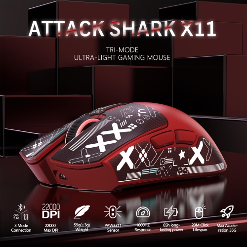 Attack Shark X11 59g Superlight Wireless Gaming Mouse with Grip Tape, RGB Charging Dock?BT/2.4G Wireless/Wired Pc Mouse, 22000 DPI,5 Programmable