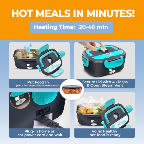 FORABEST Electric Lunch Box Food Heater - FORABEST 2-In-1 Portable Food Warmer Lunch Box for Car & Home Leak proof, 2 Compartments, Removable 304