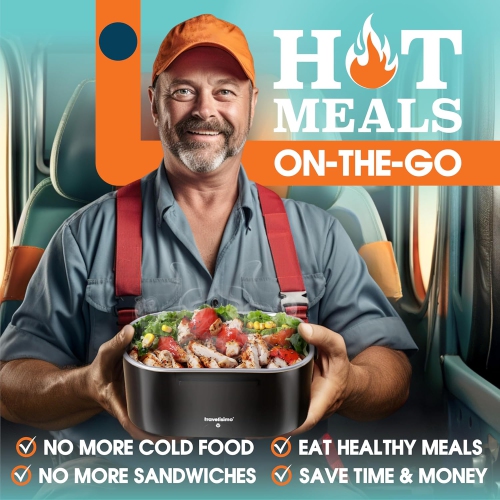 TRAVELISIMO Electric Lunch Box Food Heater, 80W 1.5L Self Heating Lunch Box 12V/24V/110V Heated Lunch Box for Men & Women, Stainless Steel Portable