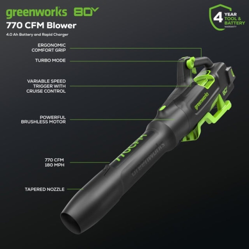 Greenworks 80V 770 CFM 180 MPH Leaf Blower, 4.0Ah Battery and Charger Included