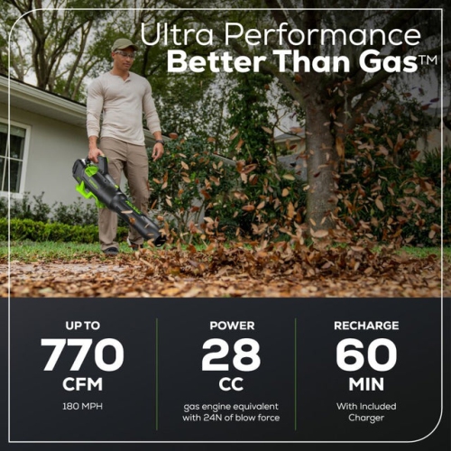 Greenworks 80V 770 CFM 180 MPH Leaf Blower, 4.0Ah Battery and Charger Included