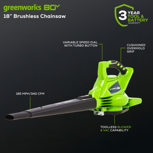 Souffleuse/aspirateur à feuilles sans balais 40&nbsp;V de 185 MPH-340 pi3/min de Greenworks, batterie 4,0&nbsp;Ah et chargeur inclus - 24222