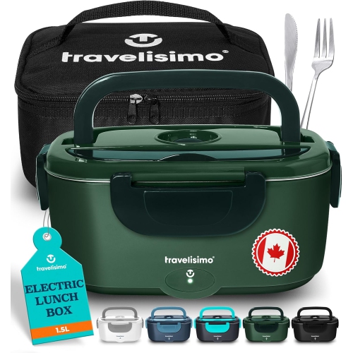 TRAVELISIMO Electric Lunch Box Food Heater, 80W 1.5L Self Heating Lunch Box 12V/24V/110V Heated Lunch Box for Men & Women, Stainless Steel Portable
