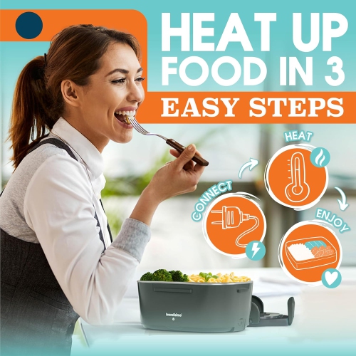 TRAVELISIMO Electric Lunch Box Food Heater, 80W 1.5L Self Heating Lunch Box 12V/24V/110V Heated Lunch Box for Men & Women, Stainless Steel Portable