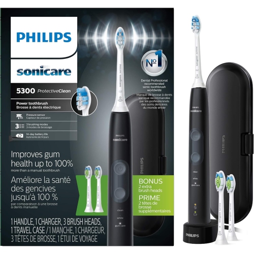 Brosse à dents électrique rechargeable Sonicare ProtectiveClean 5300 de Philips, noir, Habit 6423/34