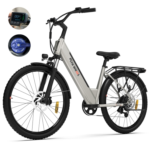 Vélo de ville électrique pour adultes, vélo électrique à 7 vitesses de 26&nbsp;po avec moteur 350&nbsp;W et batterie amovible 36&nbsp;V, vélo