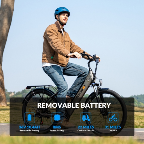 Vélo de ville électrique pour adultes, vélo électrique à 7 vitesses de 26 po avec moteur 350 W et batterie amovible 36 V, vélo