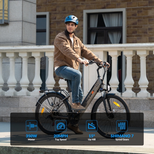 Vélo de ville électrique pour adultes, vélo électrique à 7 vitesses de 26 po avec moteur 350 W et batterie amovible 36 V, vélo