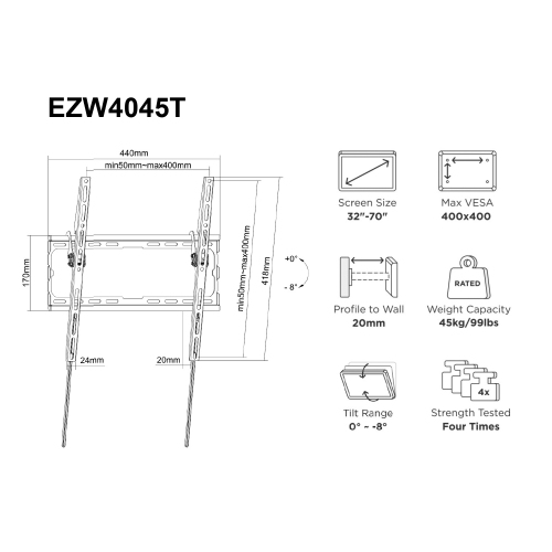 Amer Mounts TV Wall Mount Bracket for 32"-70" Display up to 400x400 VESA Weight Support Max. 45kg - EZW4045T
