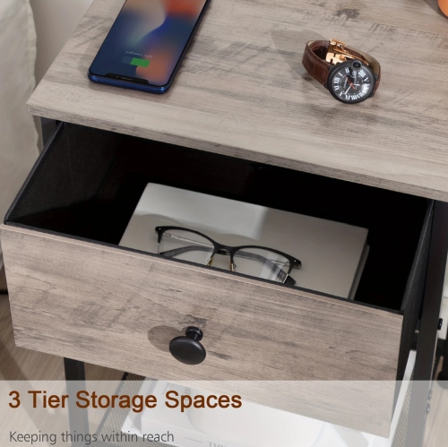 Ensemble de 2 tables de chevet avec station de recharge rapide, tables de bout pour le salon, table d'appoint pour petit espace, table d'appoint