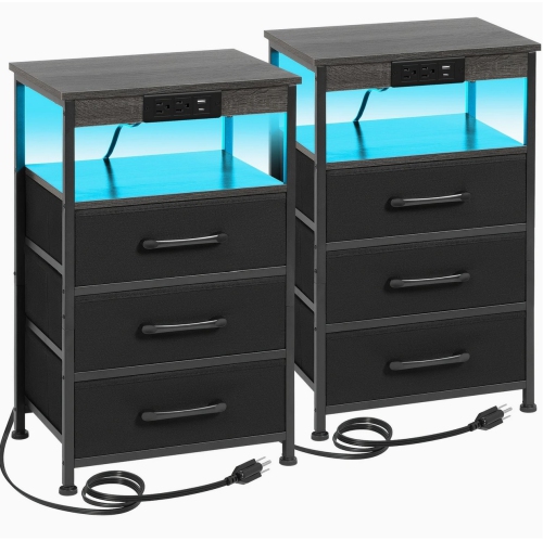 LED Nightstand SET OF 2 With Charging Station, Large End Tables With Storage Shelf For Living Room, Bedside Table With 3 Fabric Drawers For Bedroom