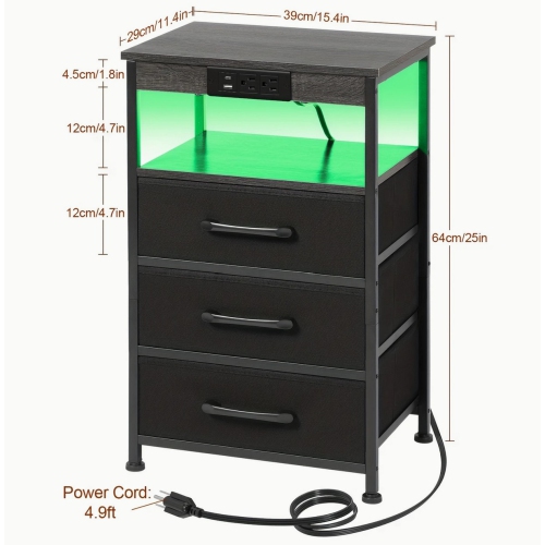 LED Nightstand SET OF 2 With Charging Station, Large End Tables With Storage Shelf For Living Room, Bedside Table With 3 Fabric Drawers For Bedroom