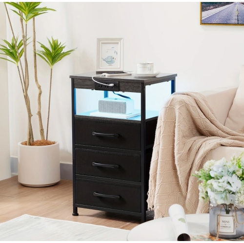 LED Nightstand SET OF 2 With Charging Station, Large End Tables With Storage Shelf For Living Room, Bedside Table With 3 Fabric Drawers For Bedroom