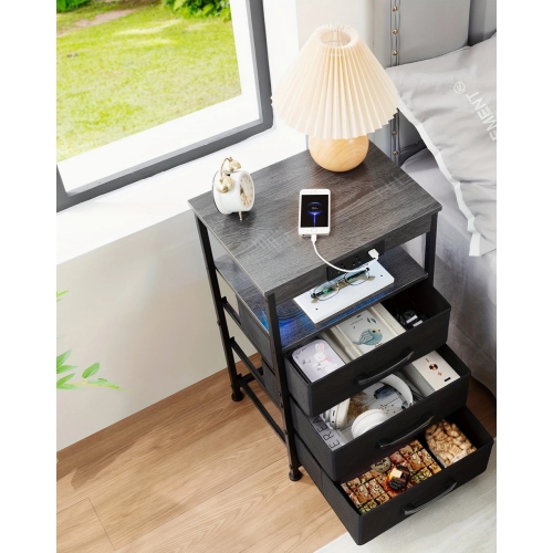 LED Nightstand SET OF 2 With Charging Station, Large End Tables With Storage Shelf For Living Room, Bedside Table With 3 Fabric Drawers For Bedroom