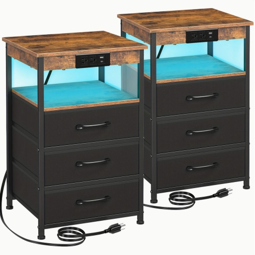 ENSEMBLE DE 2 tables de chevet LED avec station de recharge, grandes tables de bout avec tablette de rangement pour le salon, table de chevet avec 3