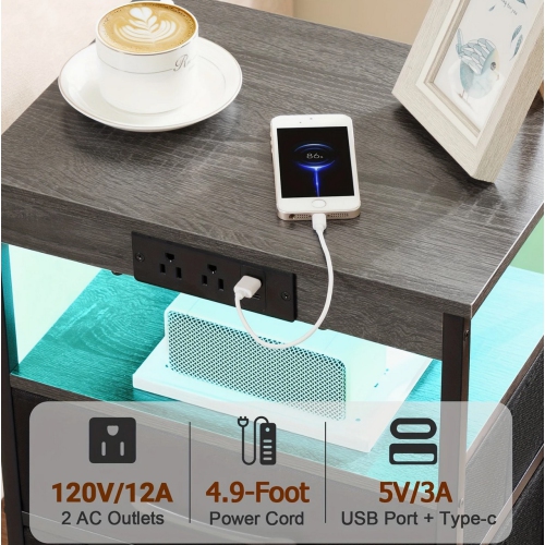 ENSEMBLE DE 2 tables de chevet LED avec station de recharge, grandes tables de bout avec tablette de rangement pour le salon, table de chevet avec 3