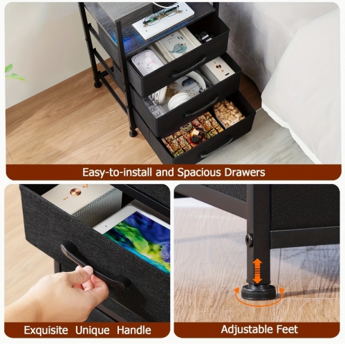 ENSEMBLE DE 2 tables de chevet LED avec station de recharge, grandes tables de bout avec tablette de rangement pour le salon, table de chevet avec 3