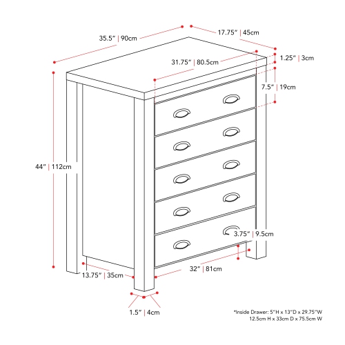 Grande commode à 5 tiroirs en grain de bois Boston de CorLiving avec tiroirs imbriqués