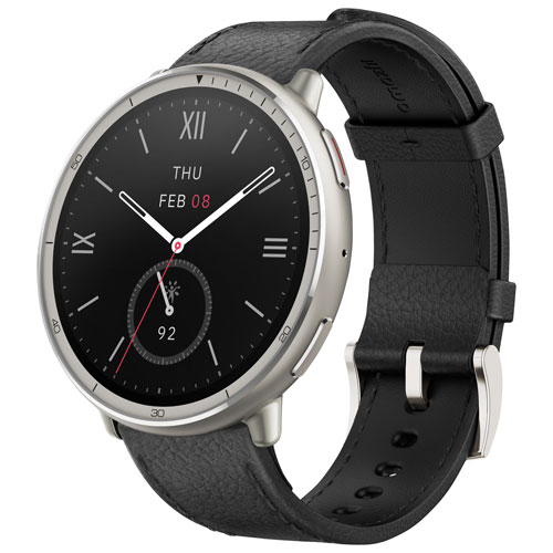 Montre intelligente Active 2 de 44 mm d'Amazfit avec bracelet de cuir et moniteur de fréquence cardiaque - Noir