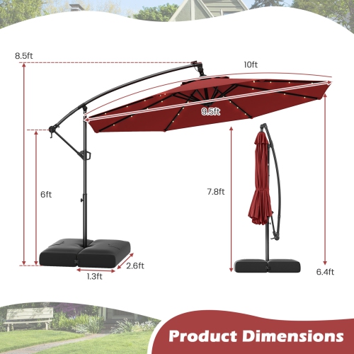 Gymax 10 FT Solar Offset Hanging Umbrella Patio Cantilever Umbrella w/ 32 LED Lights