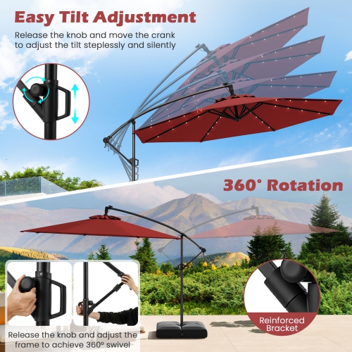 Gymax 10 FT Solar Offset Hanging Umbrella Patio Cantilever Umbrella w/ 32 LED Lights