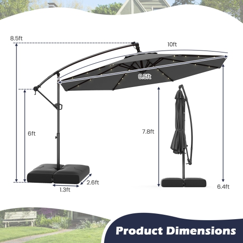 Gymax 10 FT Solar Offset Hanging Umbrella Patio Cantilever Umbrella w/ 32 LED Lights