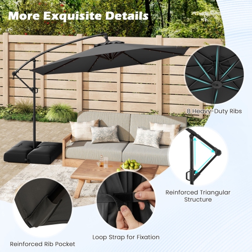 Gymax 10 FT Solar Offset Hanging Umbrella Patio Cantilever Umbrella w/ 32 LED Lights