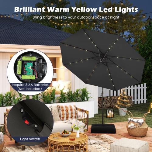 Gymax 10 FT Solar Offset Hanging Umbrella Patio Cantilever Umbrella w/ 32 LED Lights