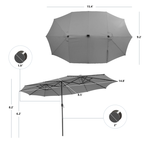 Gymax 15FT Twin Patio Double-Sided Umbrella 48 Solar LED Lights Crank Outdoor Turquoise