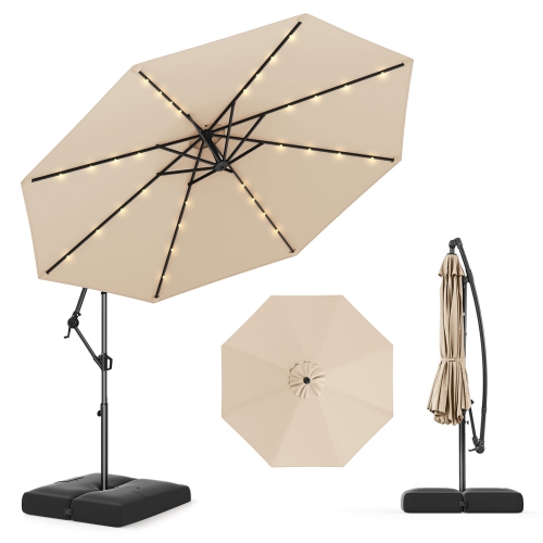 Gymax 10 FT Solar Offset Hanging Umbrella Patio Cantilever Umbrella w/ 32 LED Lights