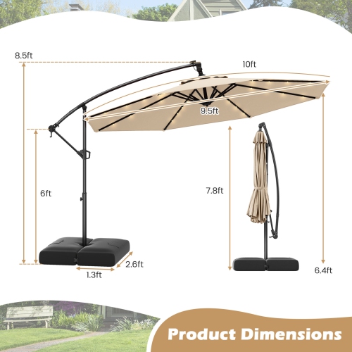 Gymax 10 FT Solar Offset Hanging Umbrella Patio Cantilever Umbrella w/ 32 LED Lights