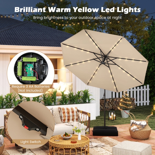 Gymax 10 FT Solar Offset Hanging Umbrella Patio Cantilever Umbrella w/ 32 LED Lights