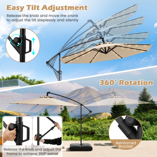 Gymax 10 FT Solar Offset Hanging Umbrella Patio Cantilever Umbrella w/ 32 LED Lights
