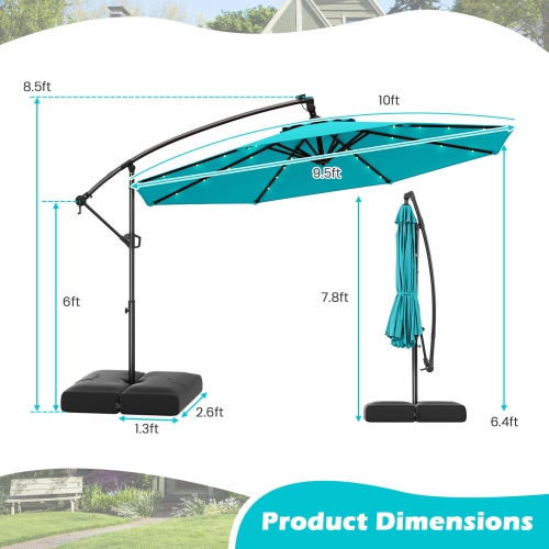 Gymax 10 FT Solar Offset Hanging Umbrella Patio Cantilever Umbrella w/ 32 LED Lights