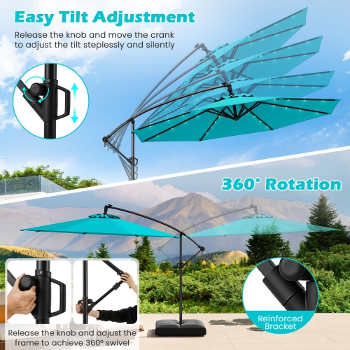 Gymax 10 FT Solar Offset Hanging Umbrella Patio Cantilever Umbrella w/ 32 LED Lights