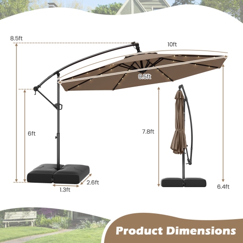 Gymax 10 FT Solar Offset Hanging Umbrella Patio Cantilever Umbrella w/ 32 LED Lights