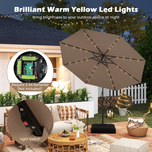 Gymax 10 FT Solar Offset Hanging Umbrella Patio Cantilever Umbrella w/ 32 LED Lights