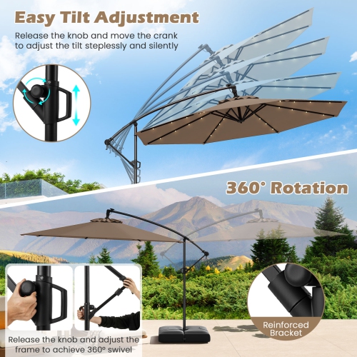 Gymax 10 FT Solar Offset Hanging Umbrella Patio Cantilever Umbrella w/ 32 LED Lights