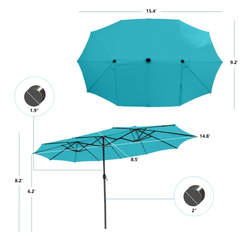 Gymax 15FT Twin Patio Double-Sided Umbrella 48 Solar LED Lights Crank Outdoor Turquoise