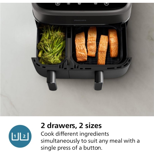 Philips Dual Basket Air Fryer 3000 Series - 9.5 Quarts, 8-in-1 Functions, Auto-Sync Cooking, Dishwasher Safe, Black