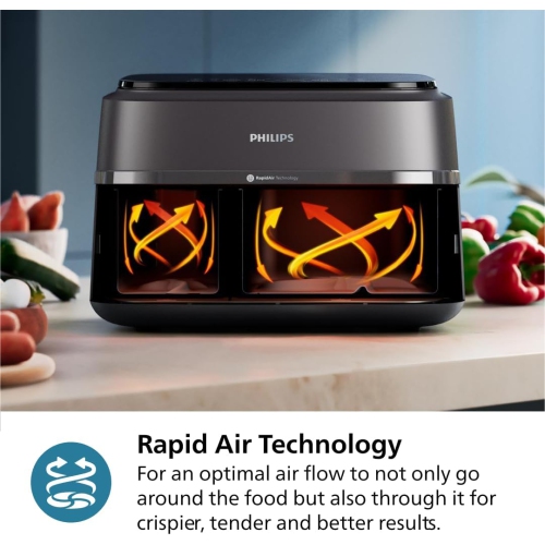 Philips Dual Basket Air Fryer 3000 Series - 9.5 Quarts, 8-in-1 Functions, Auto-Sync Cooking, Dishwasher Safe, Black