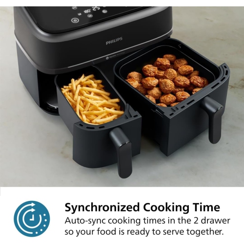 Philips Dual Basket Air Fryer 3000 Series - 9.5 Quarts, 8-in-1 Functions, Auto-Sync Cooking, Dishwasher Safe, Black