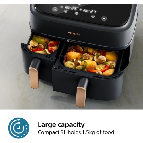 Philips Dual Basket Air Fryer 3000 Series - 9.5 Quarts, 8-in-1 Functions, Auto-Sync Cooking, Dishwasher Safe, Black