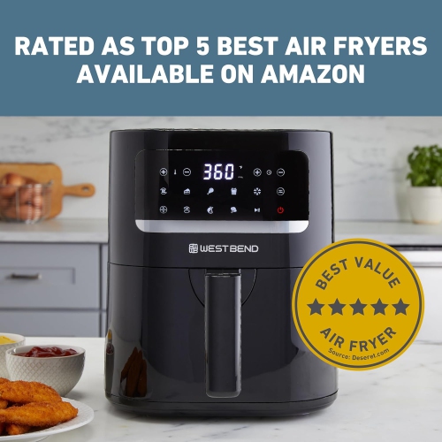 West Bend Compact Air Fryer - 5-Quart Capacity, Digital Controls, 10 Cooking Presets, Nonstick Frying Basket, 1500-Watts, Black