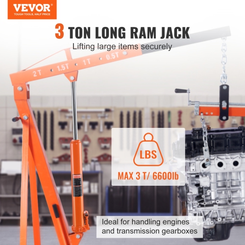 VEVOR Hydraulic Long Ram Jack, 3 Ton Engine Hoist Cylinder with Single Piston Pump And Clevis Base, Hydraulic Ram Cylinder for Engine Lift Hoists,