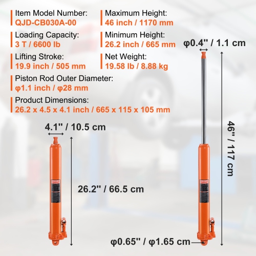 VEVOR Hydraulic Long Ram Jack, 3 Ton Engine Hoist Cylinder with Single Piston Pump And Clevis Base, Hydraulic Ram Cylinder for Engine Lift Hoists,