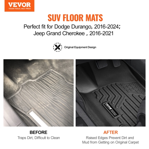 VEVOR Automotive Floor Mats, Fits for Dodge Durango / Jeep Grand Cherokee 2016-2024 / 2016-2021, 3 pcs Front and 2nd Row Liners, All Weather Custom